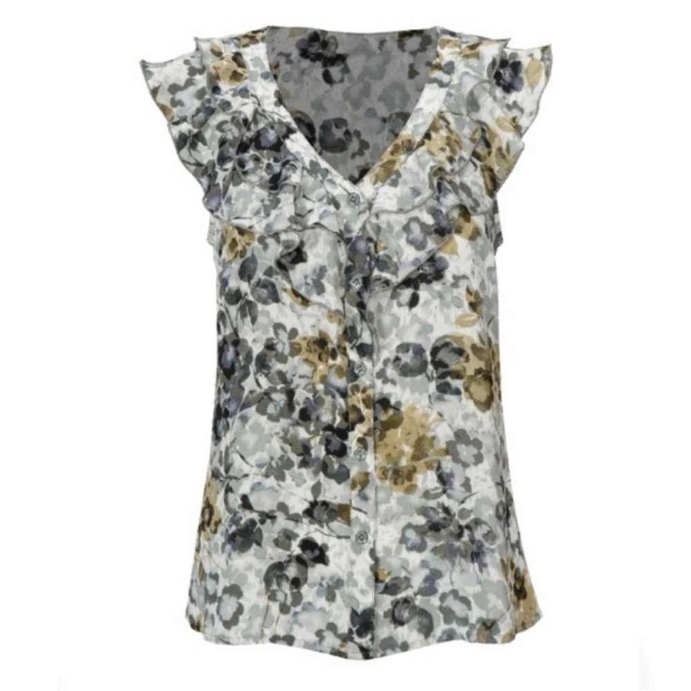 Cabi Ruffled Floral Blouse - Black, Gray, Cream